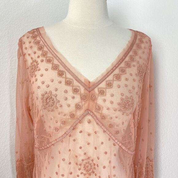 Betty Barclay Pink Sheer Blouse Large Mesh Embroidery Long Sleeves Whimsy Fairy - Picture 2 of 9